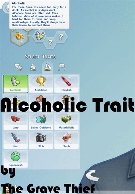 This mod also changes how <b>alcohol</b> works and makes that more realistic, adds makeup and perfume options, adds self woohoo and so much more. . Sims 4 alcoholic trait